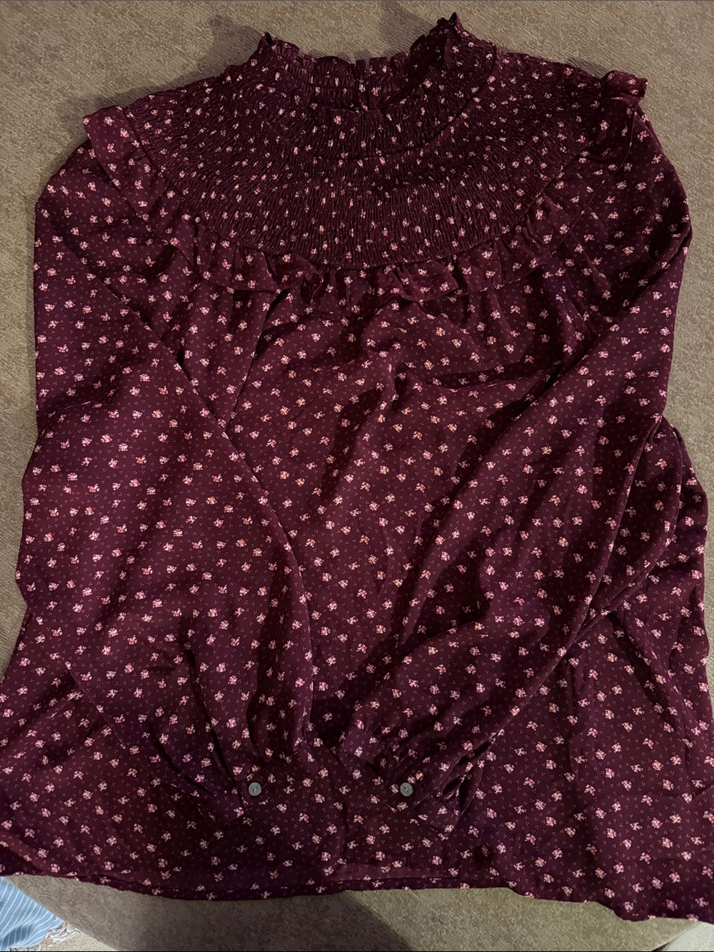 LOFT Burgundy Floral Smocked Yoke Long Sleeve Top